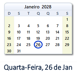 26 Janeiro 2028 calendario
