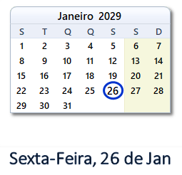 26 Janeiro 2029 calendario