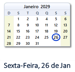 26 Janeiro 2029 calendario