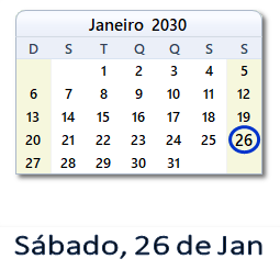 26 Janeiro 2030 calendario