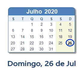 26 Julho 2020 calendario