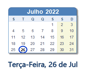 26 Julho 2022 calendario
