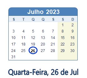 26 Julho 2023 calendario
