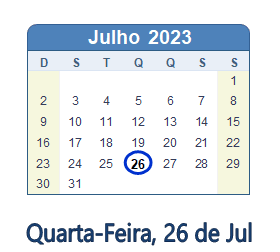 26 Julho 2023 calendario