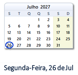 26 Julho 2027 calendario
