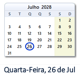 26 Julho 2028 calendario