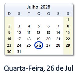26 Julho 2028 calendario