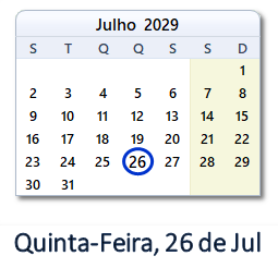26 Julho 2029 calendario