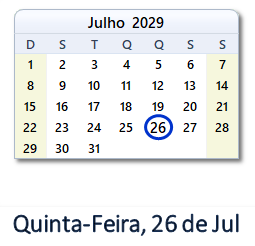 26 Julho 2029 calendario