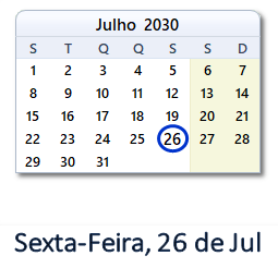 26 Julho 2030 calendario