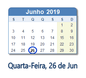 26 Junho 2019 calendario