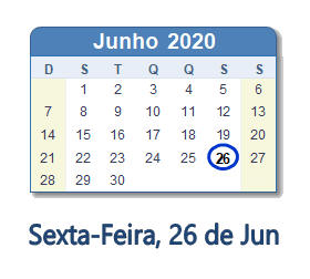 26 Junho 2020 calendario