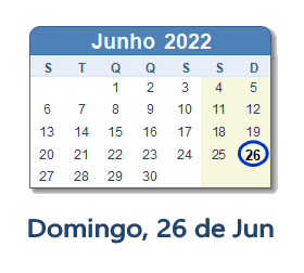 26 Junho 2022 calendario