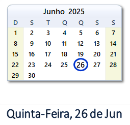 26 Junho 2025 calendario