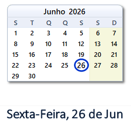 26 Junho 2026 calendario