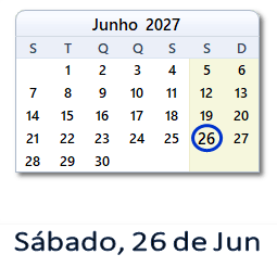 26 Junho 2027 calendario