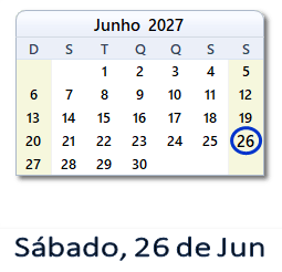 26 Junho 2027 calendario