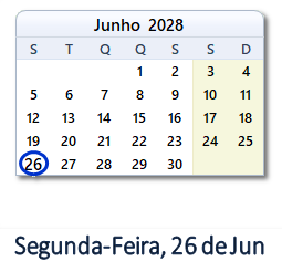 26 Junho 2028 calendario