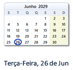26 Junho 2029 calendario