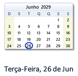 26 Junho 2029 calendario