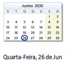 26 Junho 2030 calendario