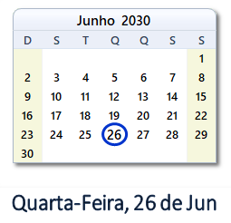 26 Junho 2030 calendario