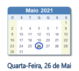 26 Maio 2021 calendario