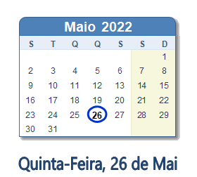26 Maio 2022 calendario