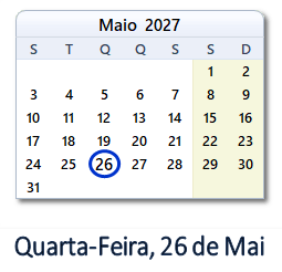 26 Maio 2027 calendario