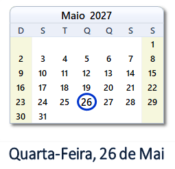 26 Maio 2027 calendario