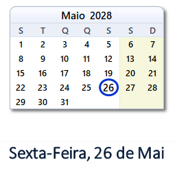 26 Maio 2028 calendario