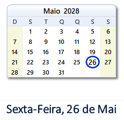 26 Maio 2028 calendario
