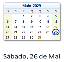 26 Maio 2029 calendario
