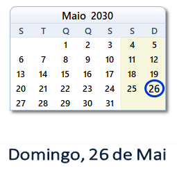 26 Maio 2030 calendario