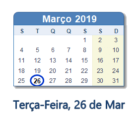 26 Março 2019 calendario