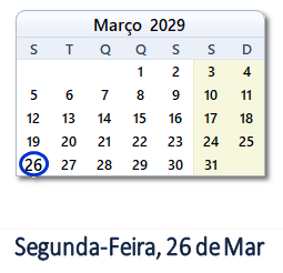 26 Março 2029 calendario