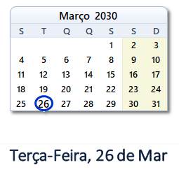 26 Março 2030 calendario
