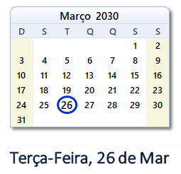 26 Março 2030 calendario
