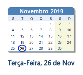 26 Novembro 2019 calendario