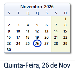 26 Novembro 2026 calendario
