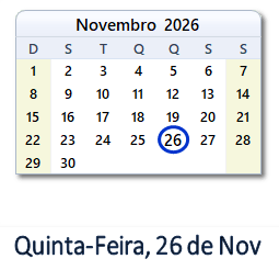 26 Novembro 2026 calendario