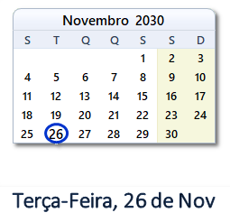 26 Novembro 2030 calendario