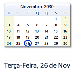26 Novembro 2030 calendario
