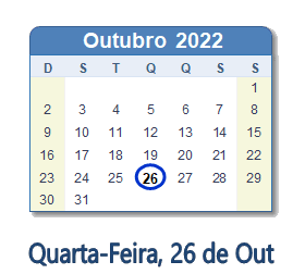 26 Outubro 2022 calendario