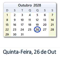26 Outubro 2028 calendario