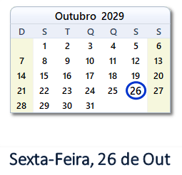 26 Outubro 2029 calendario