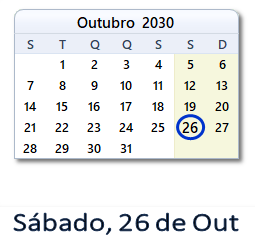 26 Outubro 2030 calendario