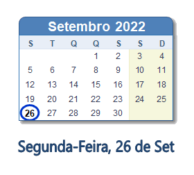 26 Setembro 2022 calendario
