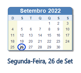 26 Setembro 2022 calendario