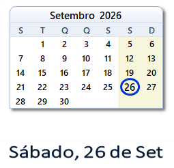 26 Setembro 2026 calendario